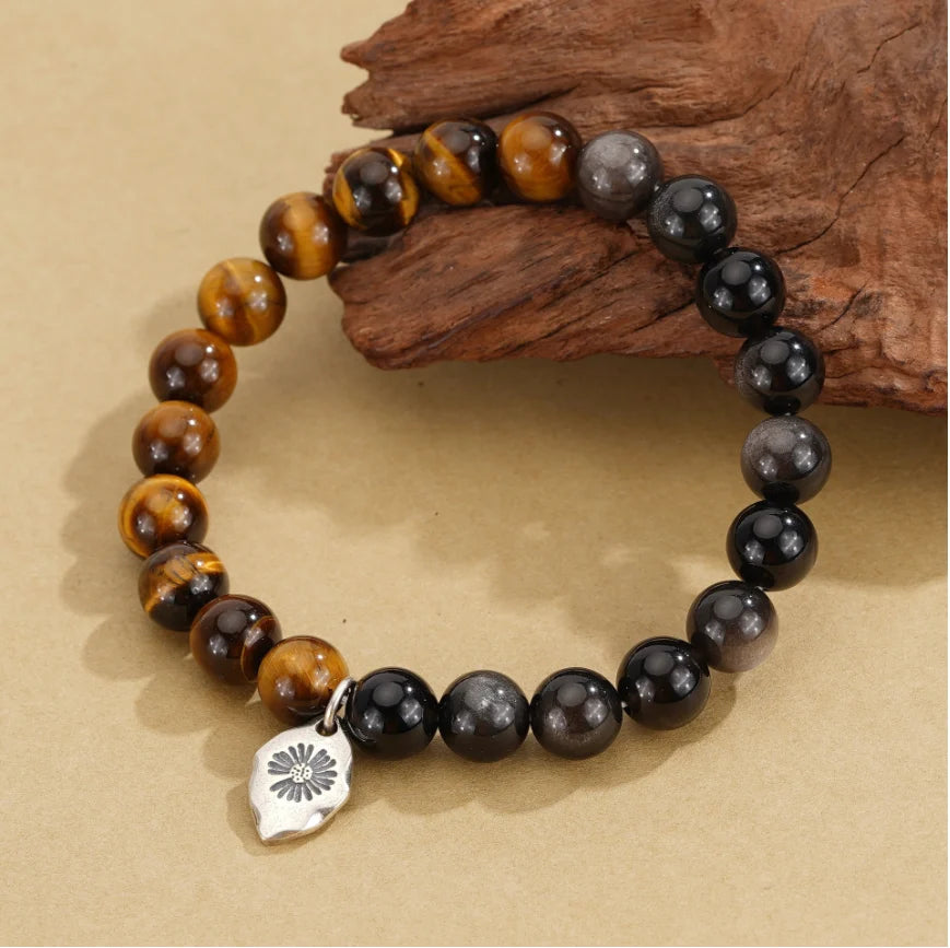 Oriental Treasure Natural Tiger's Eye Bracelet Wealth Magnetism Black Obsidian Bracelet Emotional Cleanser 925 Sterling Silver Adjustable Bracelet for Men/Dad/Boys