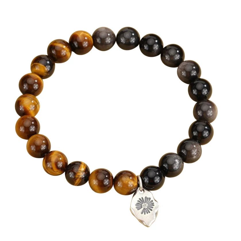 Oriental Treasure Natural Tiger's Eye Bracelet Wealth Magnetism Black Obsidian Bracelet Emotional Cleanser 925 Sterling Silver Adjustable Bracelet for Men/Dad/Boys