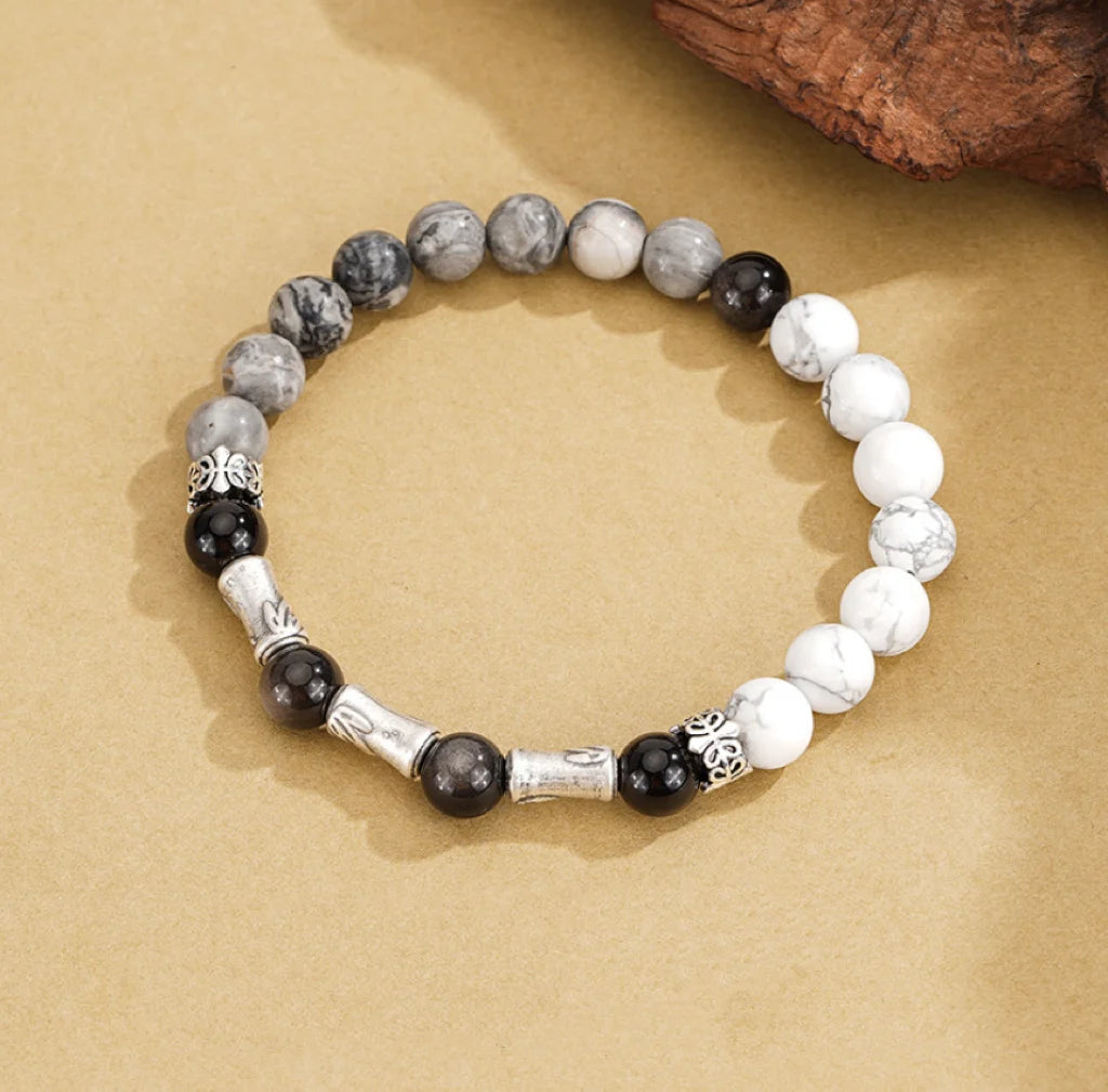 Oriental Treasure Chinesisches Bambus-Armband Ausdauer Natürlicher Schwarzer Obsidian Armband 999 Sterling Silber Schutz Verstellbares Armband für Männer/Vater/Junge