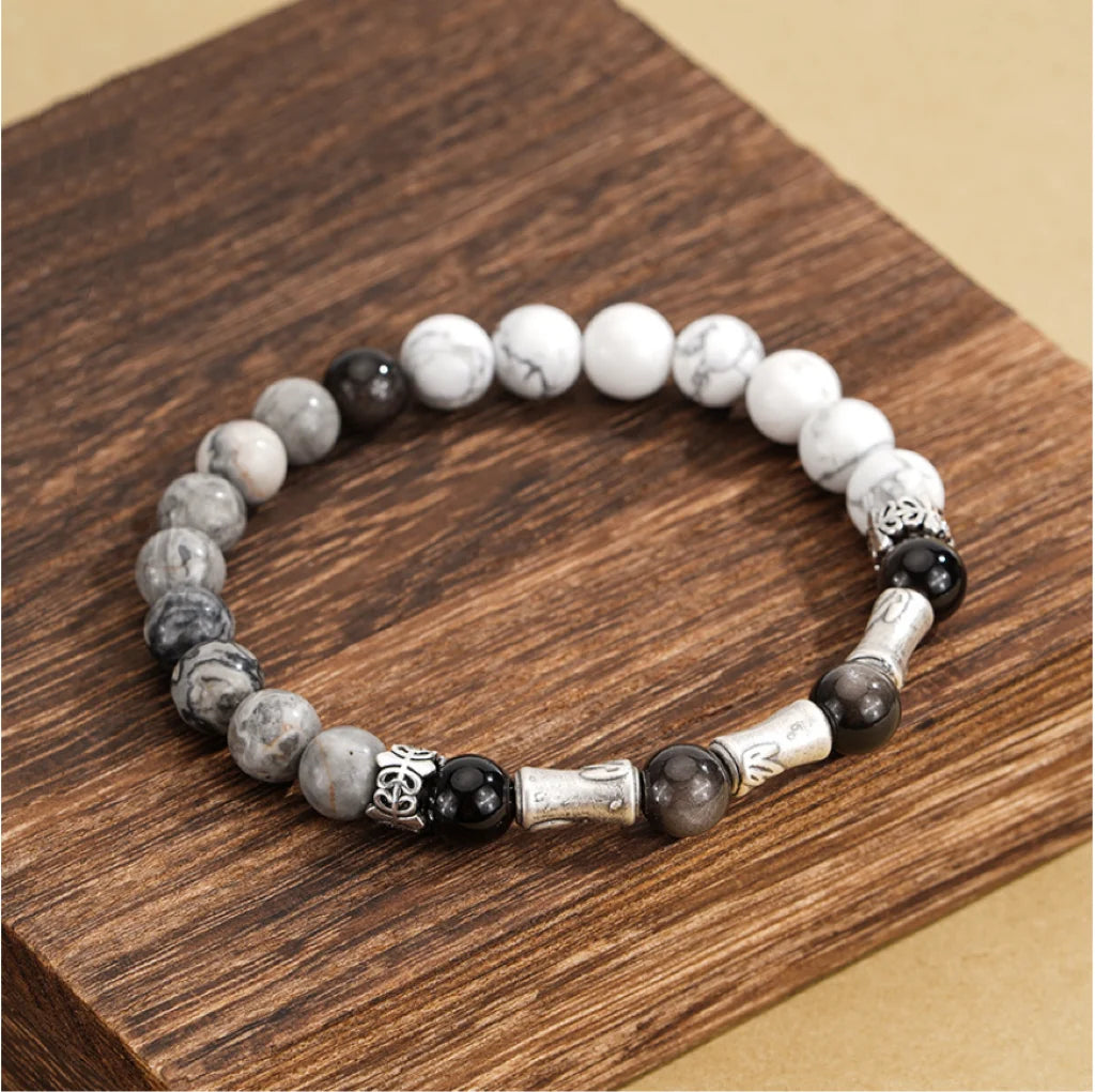 Oriental Treasure Chinesisches Bambus-Armband Ausdauer Natürlicher Schwarzer Obsidian Armband 999 Sterling Silber Schutz Verstellbares Armband für Männer/Vater/Junge