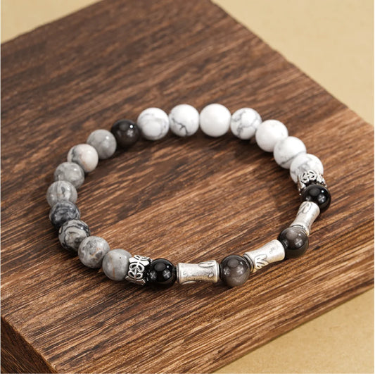 Bijou Oriental Trésor Bracelet de Bambou Chinois Résilience Obsidienne Noire Naturelle Bracelet en Argent Sterling 999 Protection Bracelet Réglable pour Homme/Papa/Garçon