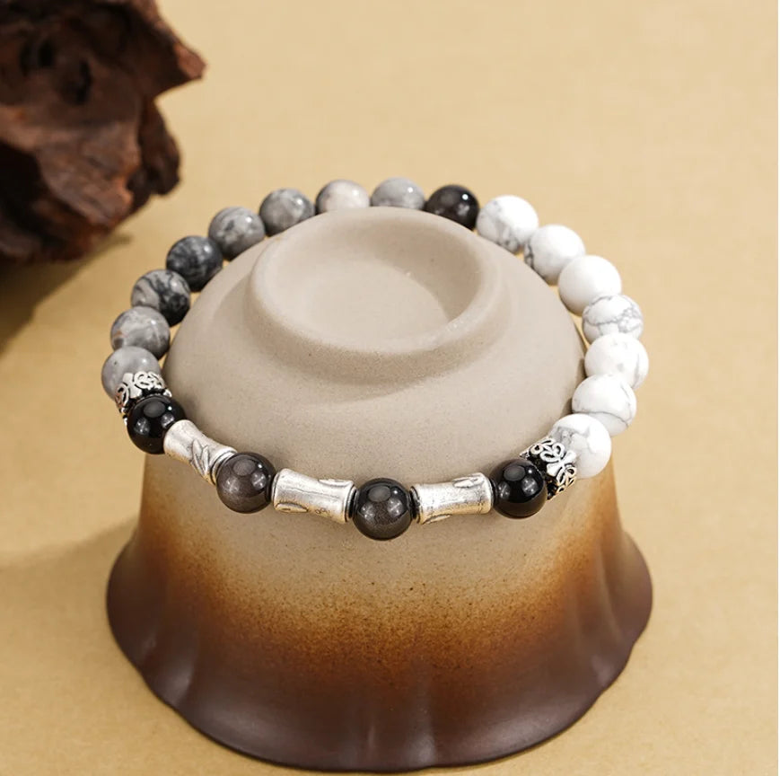 Oriental Treasure Chinesisches Bambus-Armband Ausdauer Natürlicher Schwarzer Obsidian Armband 999 Sterling Silber Schutz Verstellbares Armband für Männer/Vater/Junge