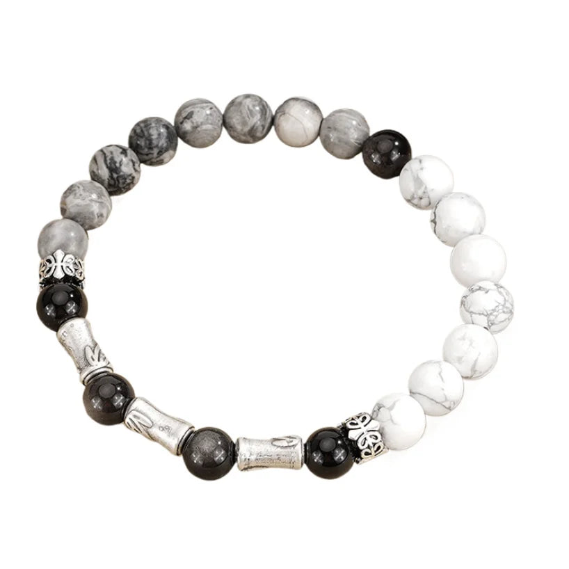 Oriental Treasure Chinesisches Bambus-Armband Ausdauer Natürlicher Schwarzer Obsidian Armband 999 Sterling Silber Schutz Verstellbares Armband für Männer/Vater/Junge