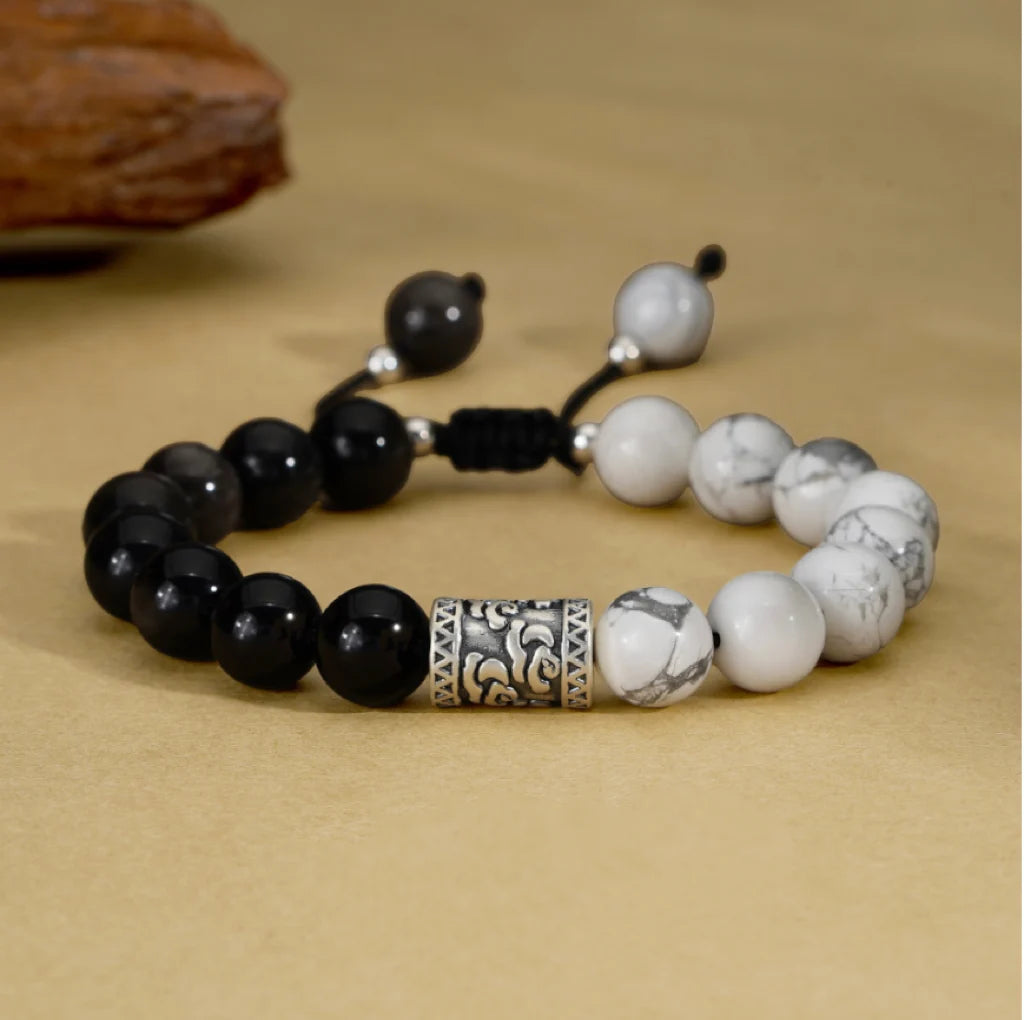 Oriental Treasure Chinese Auspicious Clouds Bracelet Natural Black Obsidian Bracelet 999 Sterling Silver Protection Adjustable Bracelet for Men/Dad/Boy