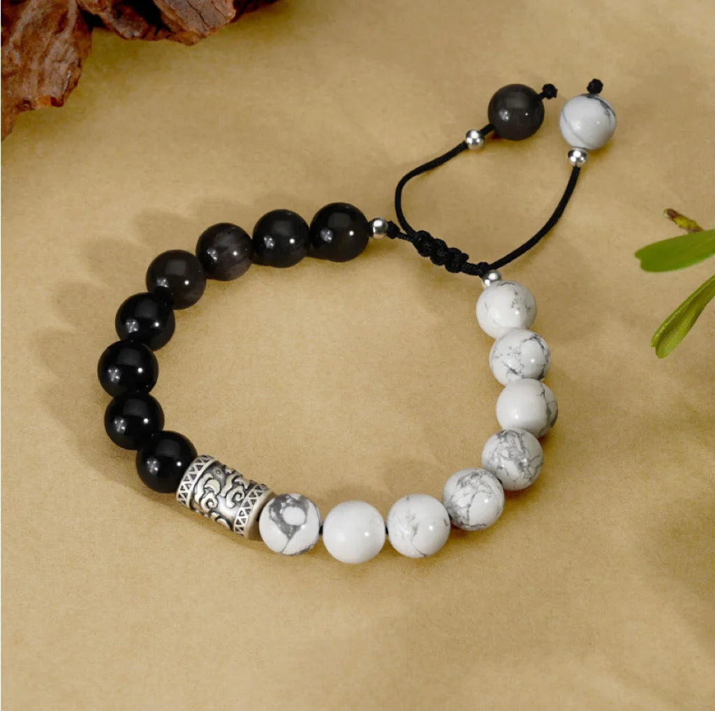 Oriental Treasure Chinese Auspicious Clouds Bracelet Natural Black Obsidian Bracelet 999 Sterling Silver Protection Adjustable Bracelet for Men/Dad/Boy