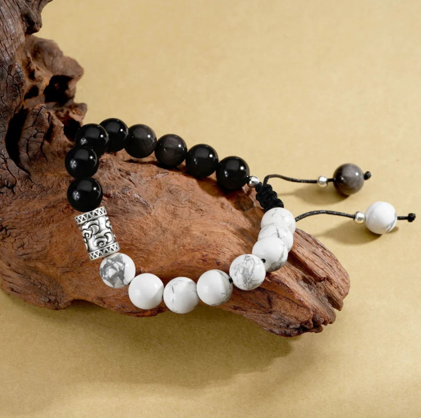Oriental Treasure Chinese Auspicious Clouds Bracelet Natural Black Obsidian Bracelet 999 Sterling Silver Protection Adjustable Bracelet for Men/Dad/Boy