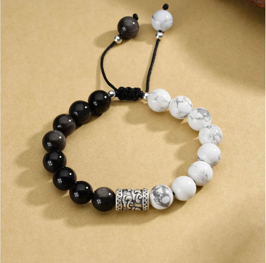 Oriental Treasure Chinese Auspicious Clouds Bracelet Natural Black Obsidian Bracelet 999 Sterling Silver Protection Adjustable Bracelet for Men/Dad/Boy