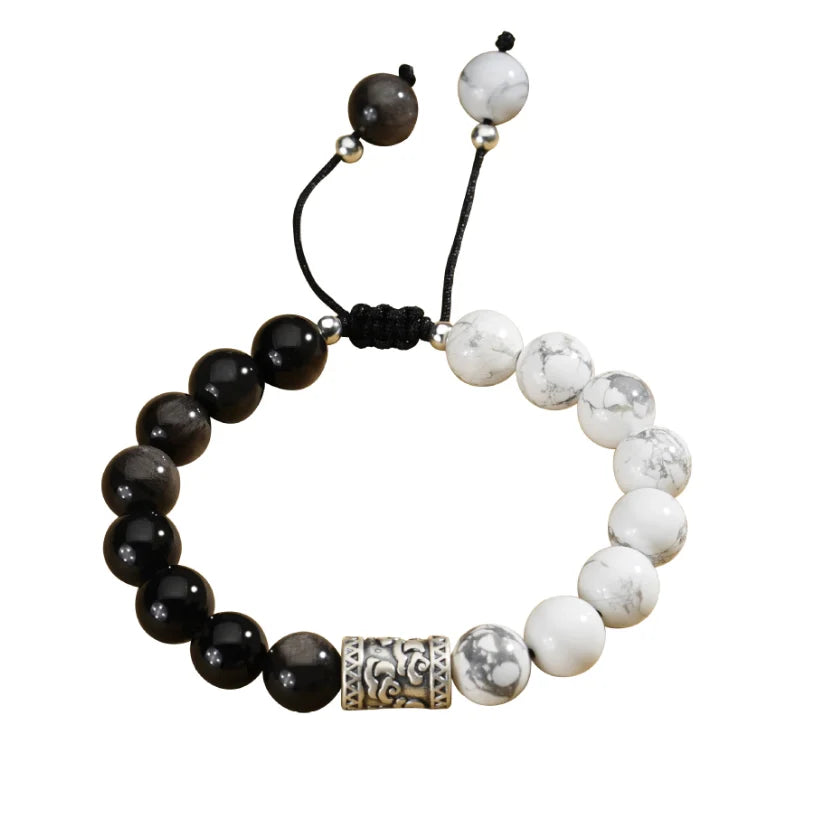 Oriental Treasure Chinese Auspicious Clouds Bracelet Natural Black Obsidian Bracelet 999 Sterling Silver Protection Adjustable Bracelet for Men/Dad/Boy