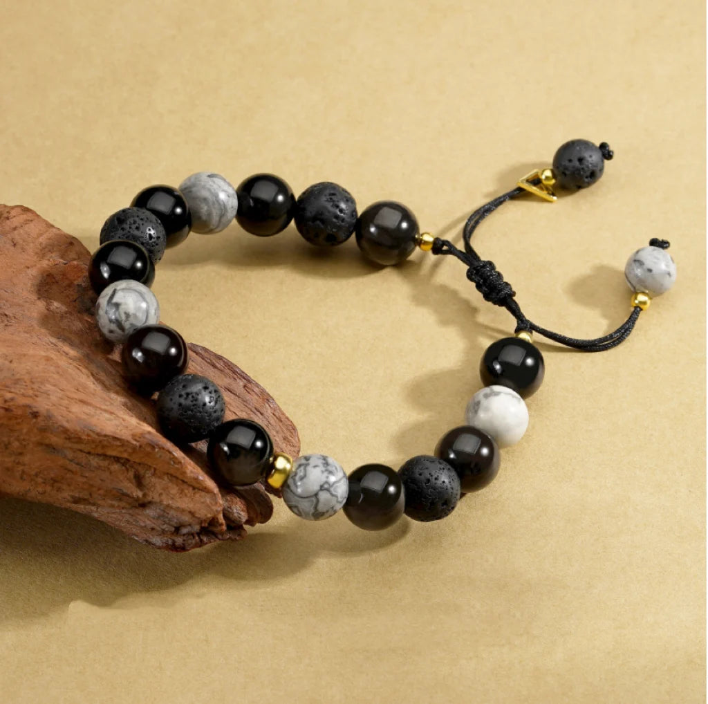 Oriental Treasure Natural Black Obsidian Bracelet Volcanic stone Bracelet Adjustable for Men/Dad/Boy