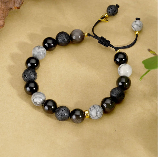 Bracelet de trésor oriental en obsidienne noire naturelle Bracelet en pierre volcanique réglable pour homme/papa/garçon