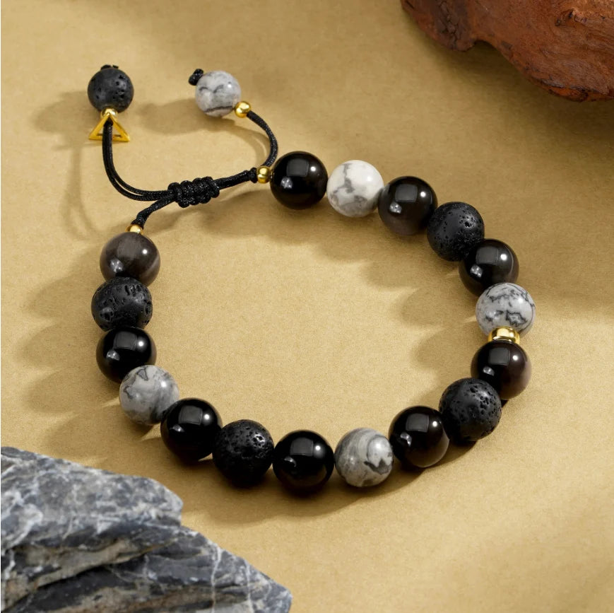 Oriental Treasure Natural Black Obsidian Bracelet Volcanic stone Bracelet Adjustable for Men/Dad/Boy