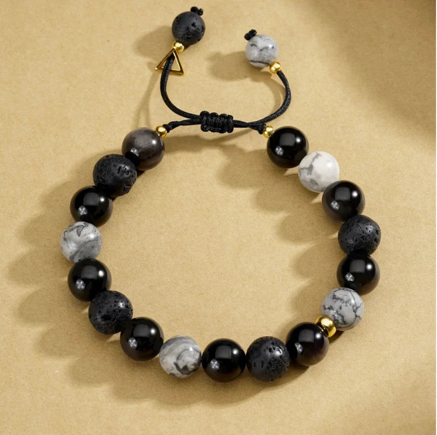 Oriental Treasure Natural Black Obsidian Bracelet Volcanic stone Bracelet Adjustable for Men/Dad/Boy