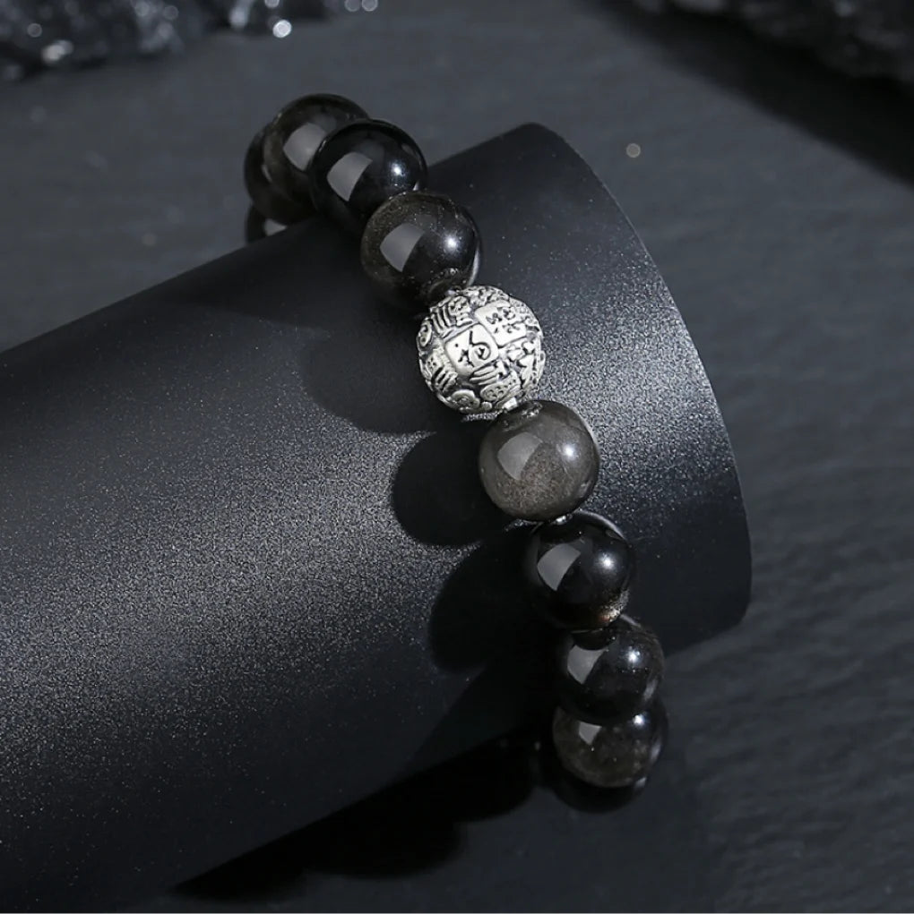 Oriental Treasure Zeichen "Fu" (福) Armband Natürlicher Schwarzer Obsidian Armband 999 Sterling Silber Schutz Verstellbares Armband für Männer/Väter/Jungen
