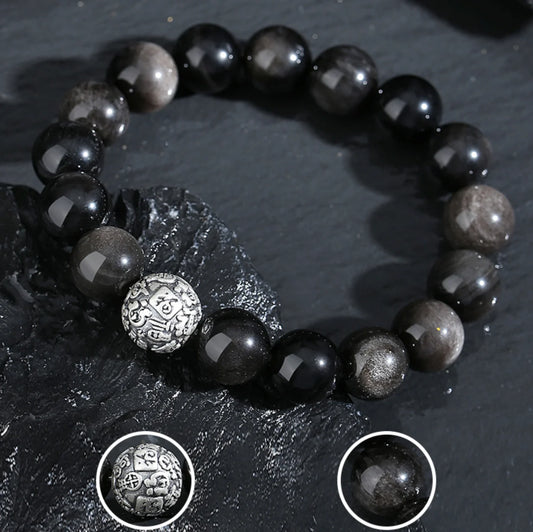 Bracelet de caractère oriental "Fu" (福) en Obsidienne noire naturelle et Argent sterling 999 Bracelet de protection ajustable pour Homme/Papa/Garçon
