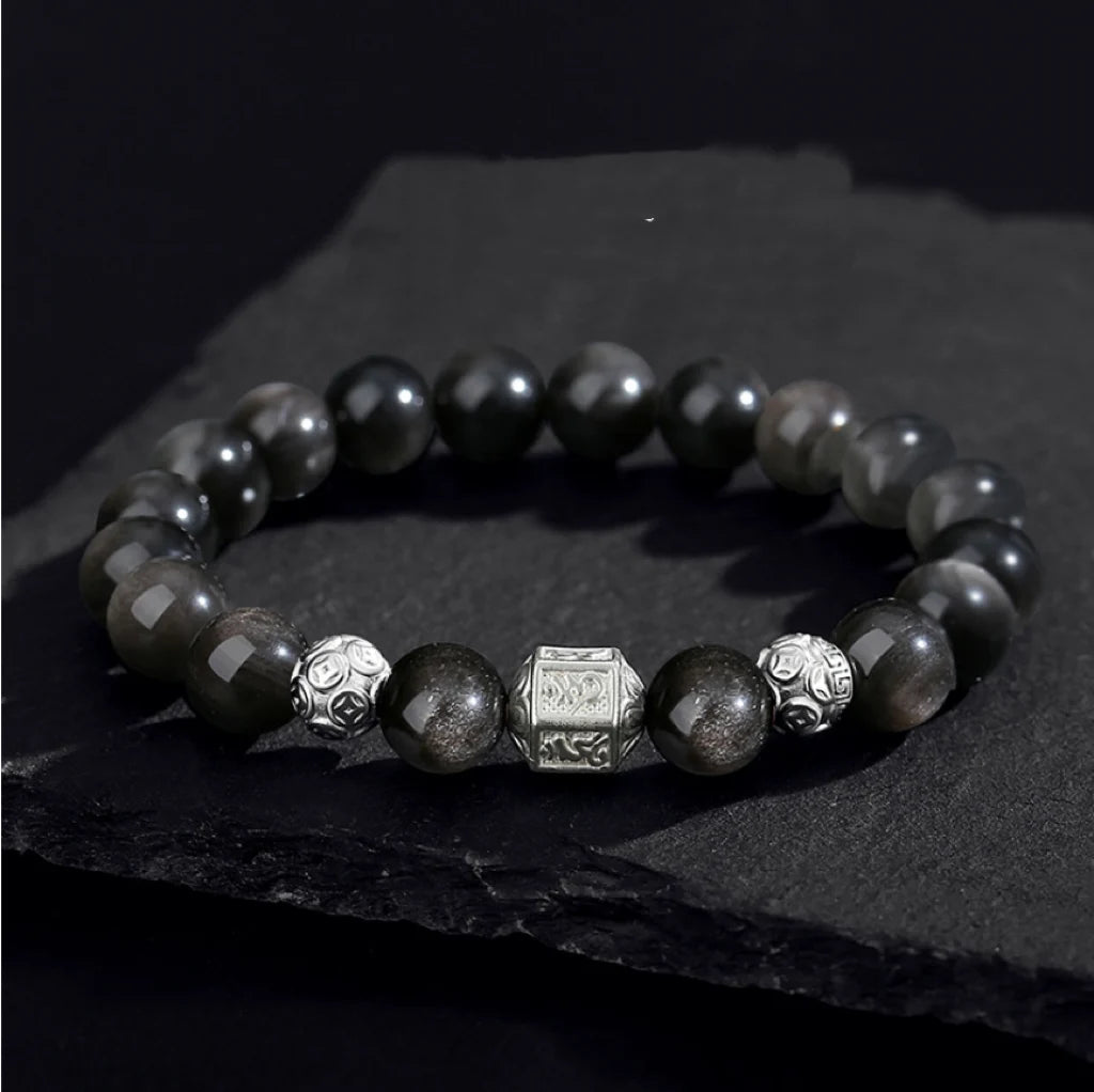 Oriental Treasure Six-Syllable Mantra Bracelet Purification Natural Black Obsidian Bracelet 999 Sterling Silver Protection Adjustable Bracelet for Men/Dad/Boys