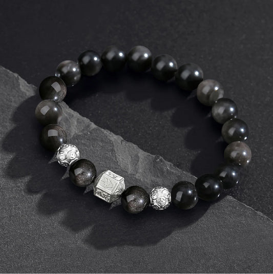 Bracelet Mantra à Six Syllabes Trésor Oriental Purification Naturel Bracelet d'Obsidienne Noire 999 Argent Massif Protection Bracelet Réglable pour Homme/Papa/Garçons