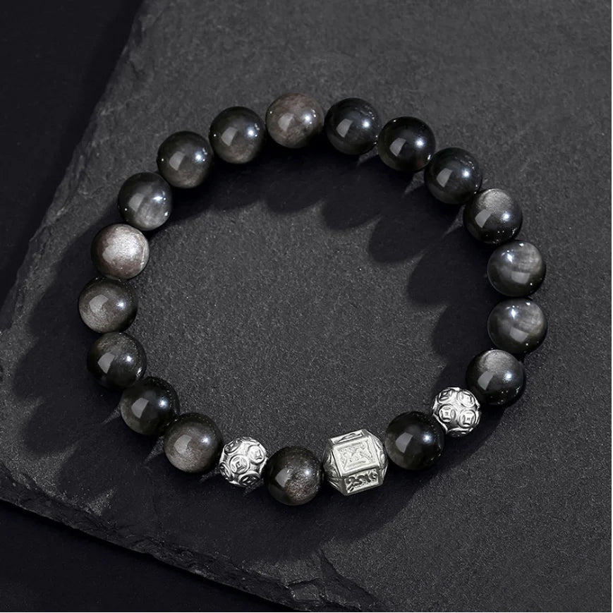 Oriental Treasure Six-Syllable Mantra Bracelet Purification Natural Black Obsidian Bracelet 999 Sterling Silver Protection Adjustable Bracelet for Men/Dad/Boys