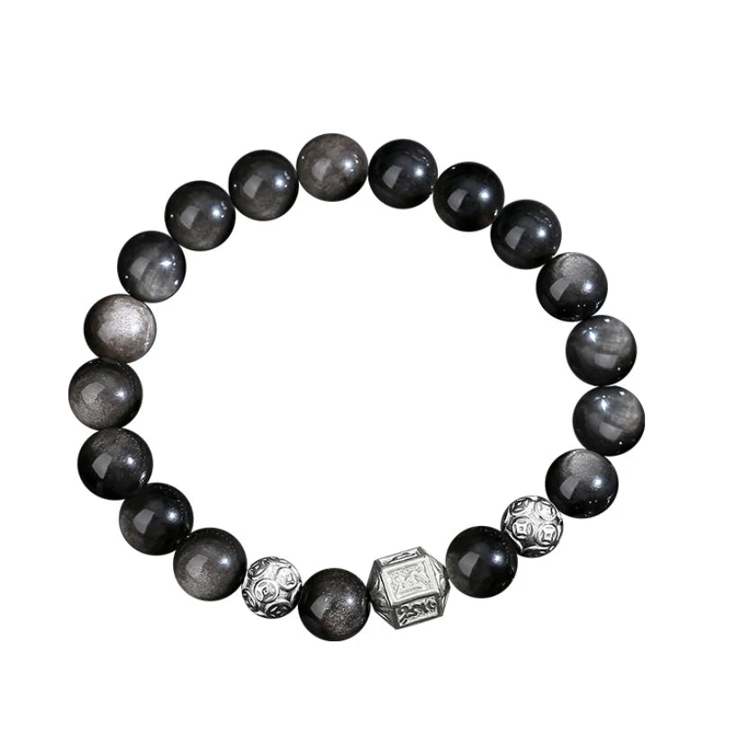 Oriental Treasure Six-Syllable Mantra Bracelet Purification Natural Black Obsidian Bracelet 999 Sterling Silver Protection Adjustable Bracelet for Men/Dad/Boys