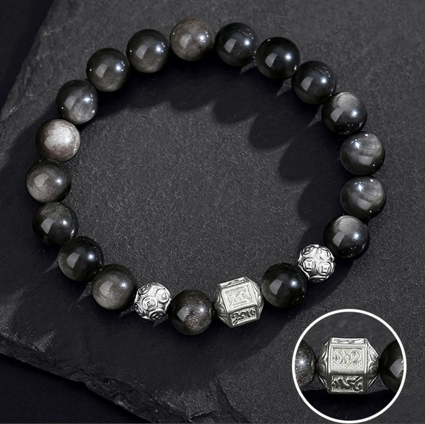 Oriental Treasure Six-Syllable Mantra Bracelet Purification Natural Black Obsidian Bracelet 999 Sterling Silver Protection Adjustable Bracelet for Men/Dad/Boys