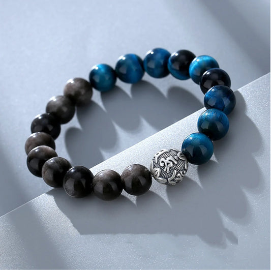 Bracelet Mantra à Six Syllabes Trésor Oriental Purification Œil de Tigre Bleu Obsidienne Noire Naturelle Bracelet en Argent Massif 999 Réglable pour Homme/Papa/Garçons