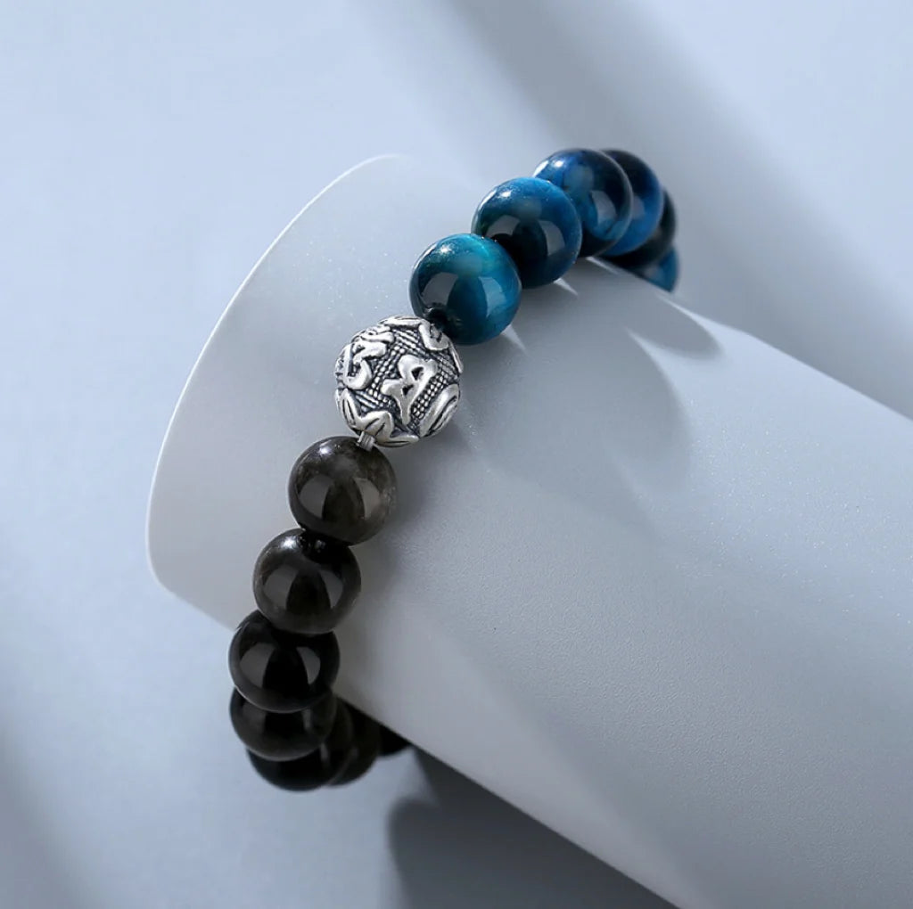 Oriental Treasure Six-Syllable Mantra Bracelet Purification Blue Tiger's Eye Natural Black Obsidian Bracelet 999 Sterling Silver Adjustable Bracelet for Men/Dad/Boys