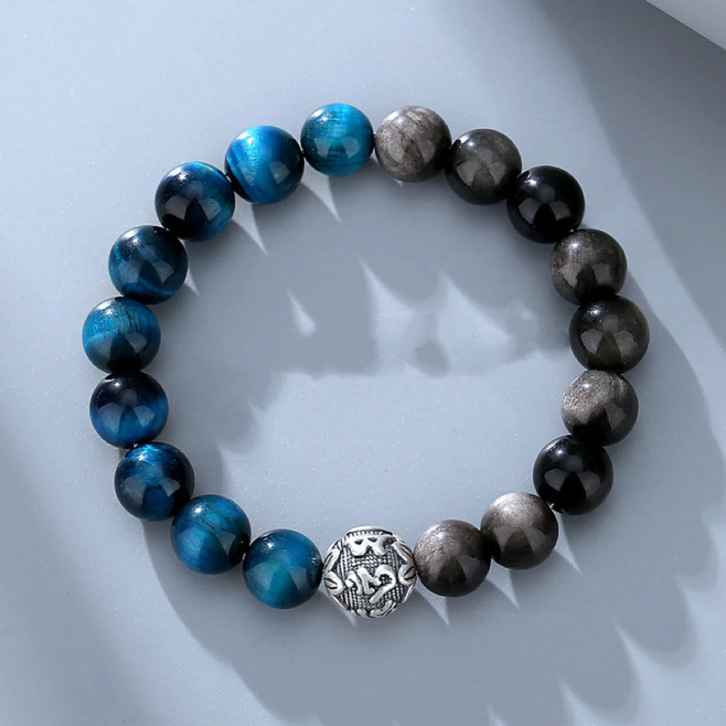 Oriental Treasure Six-Syllable Mantra Bracelet Purification Blue Tiger's Eye Natural Black Obsidian Bracelet 999 Sterling Silver Adjustable Bracelet for Men/Dad/Boys
