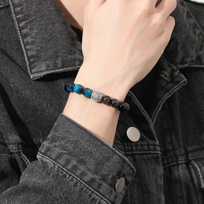 Oriental Treasure Six-Syllable Mantra Bracelet Purification Blue Tiger's Eye Natural Black Obsidian Bracelet 999 Sterling Silver Adjustable Bracelet for Men/Dad/Boys
