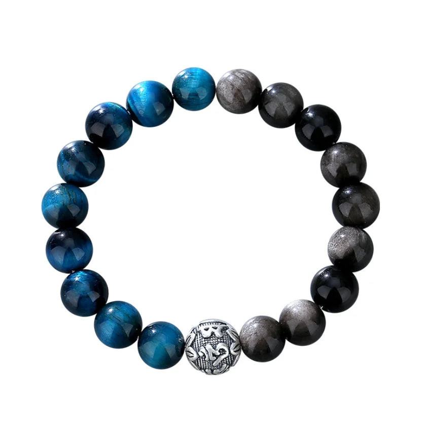Oriental Treasure Six-Syllable Mantra Bracelet Purification Blue Tiger's Eye Natural Black Obsidian Bracelet 999 Sterling Silver Adjustable Bracelet for Men/Dad/Boys