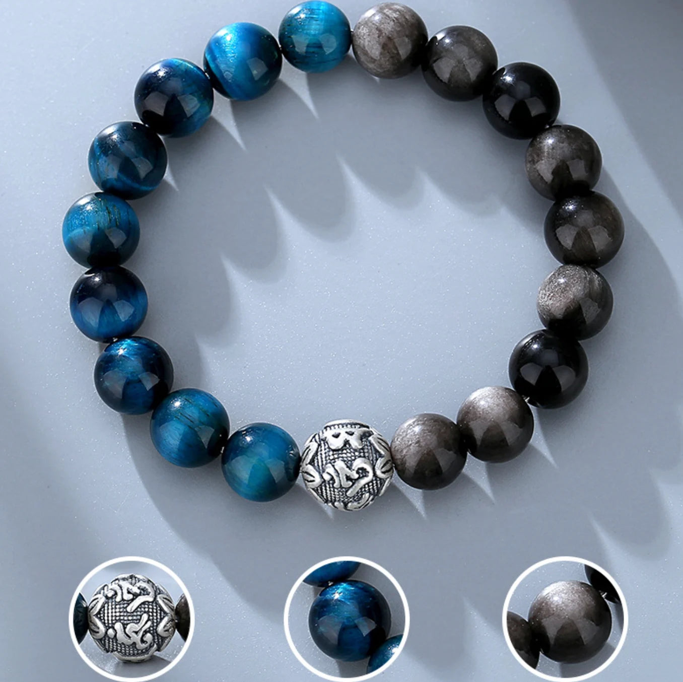 Oriental Treasure Six-Syllable Mantra Bracelet Purification Blue Tiger's Eye Natural Black Obsidian Bracelet 999 Sterling Silver Adjustable Bracelet for Men/Dad/Boys