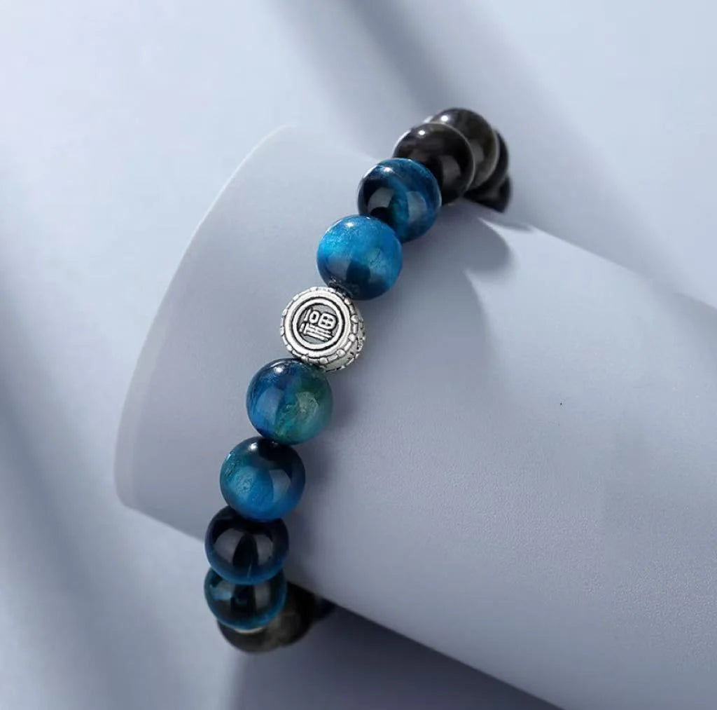 Oriental Treasure Character "Fu" (福) Bracelet Purification Blue Tiger's Eye Natural Black Obsidian Bracelet 999 Sterling Silver Adjustable Bracelet for Men/Dad/Boy
