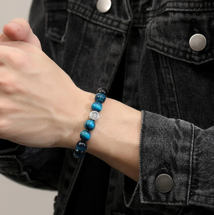Oriental Treasure Character "Fu" (福) Bracelet Purification Blue Tiger's Eye Natural Black Obsidian Bracelet 999 Sterling Silver Adjustable Bracelet for Men/Dad/Boy