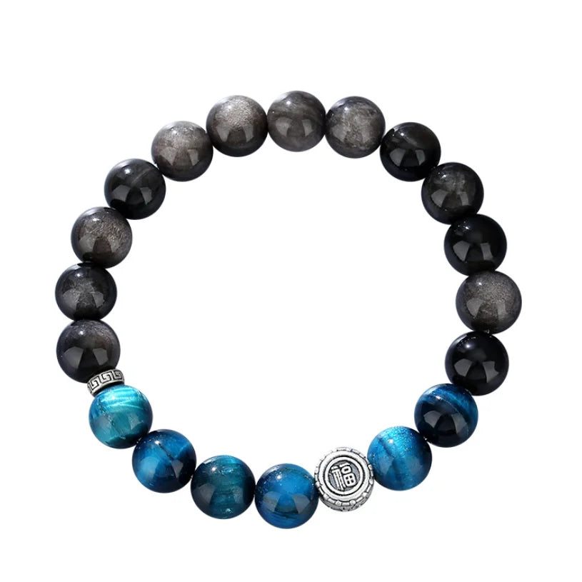 Oriental Treasure Character "Fu" (福) Bracelet Purification Blue Tiger's Eye Natural Black Obsidian Bracelet 999 Sterling Silver Adjustable Bracelet for Men/Dad/Boy