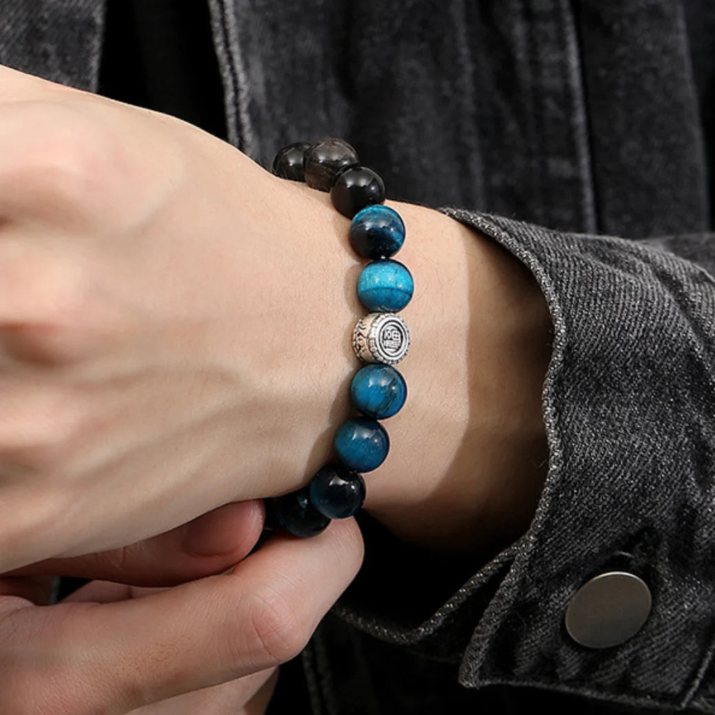 Oriental Treasure Character "Fu" (福) Bracelet Purification Blue Tiger's Eye Natural Black Obsidian Bracelet 999 Sterling Silver Adjustable Bracelet for Men/Dad/Boy