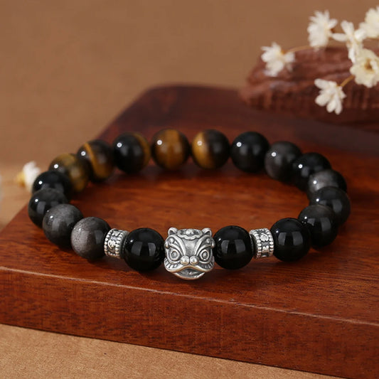 Bracelet Chinois Réveil du Lion de la Danse Orientale Trésor Prospérité des Affaires Œil de Tigre Obsidienne Noire Naturelle Bracelet en Argent Sterling 999 Réglable pour Homme/Papa/Garçon