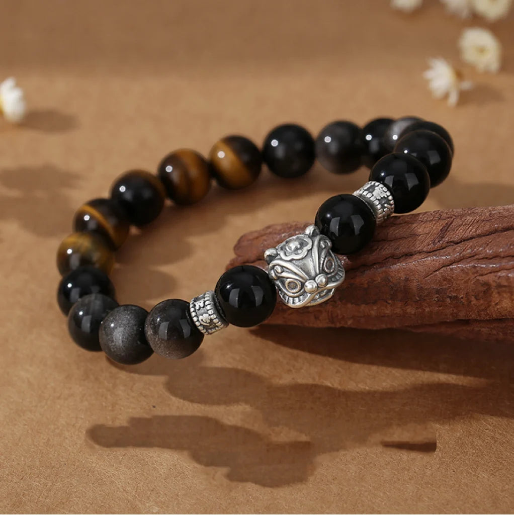 Oriental Treasure Chinese Awakening Lion Dance Bracelet Business Prosperity Tiger's Eye Natural Black Obsidian Bracelet 999 Sterling Silver Adjustable Bracelet for Men/Dad/Boy