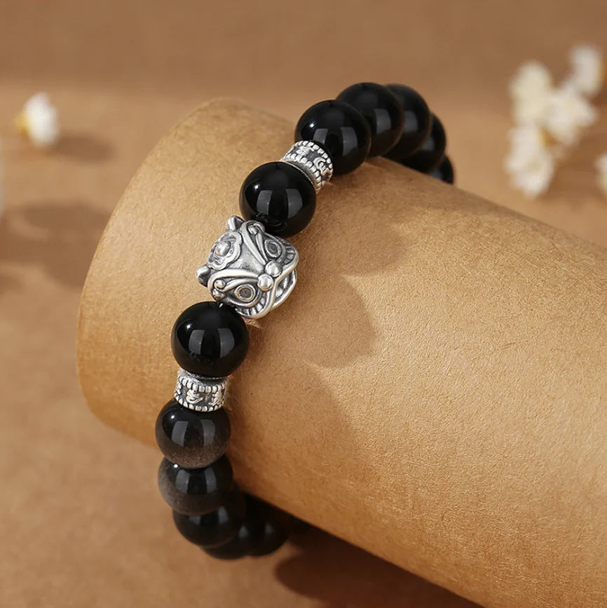 Oriental Treasure Chinese Awakening Lion Dance Bracelet Business Prosperity Tiger's Eye Natural Black Obsidian Bracelet 999 Sterling Silver Adjustable Bracelet for Men/Dad/Boy
