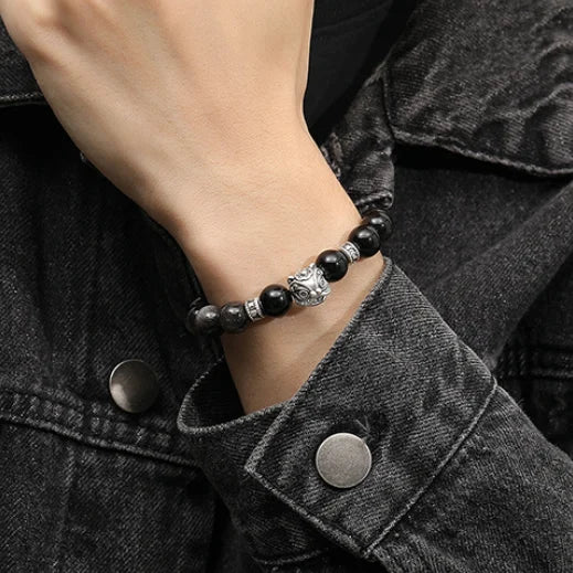 Oriental Treasure Chinese Awakening Lion Dance Bracelet Business Prosperity Tiger's Eye Natural Black Obsidian Bracelet 999 Sterling Silver Adjustable Bracelet for Men/Dad/Boy