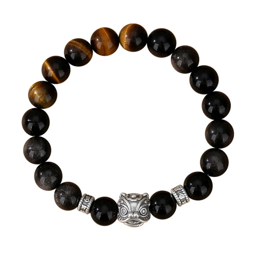 Oriental Treasure Chinese Awakening Lion Dance Bracelet Business Prosperity Tiger's Eye Natural Black Obsidian Bracelet 999 Sterling Silver Adjustable Bracelet for Men/Dad/Boy