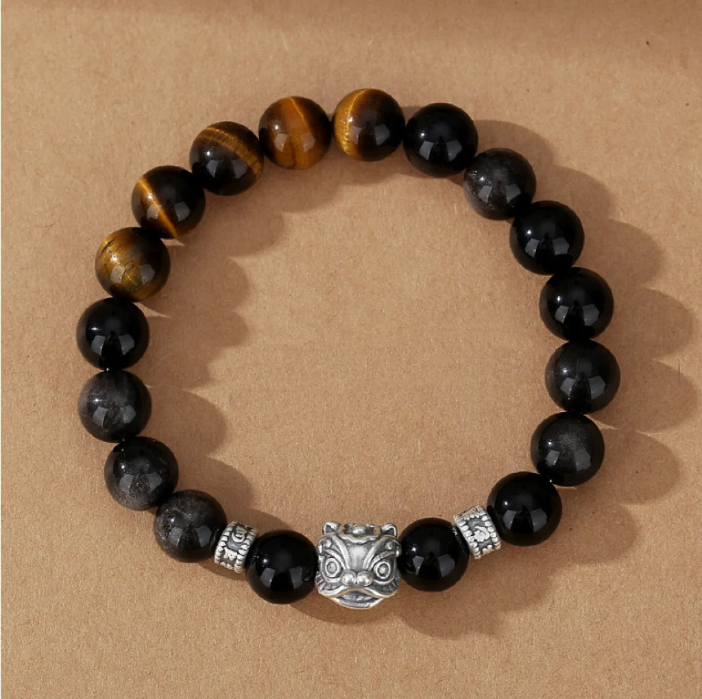 Oriental Treasure Chinese Awakening Lion Dance Bracelet Business Prosperity Tiger's Eye Natural Black Obsidian Bracelet 999 Sterling Silver Adjustable Bracelet for Men/Dad/Boy