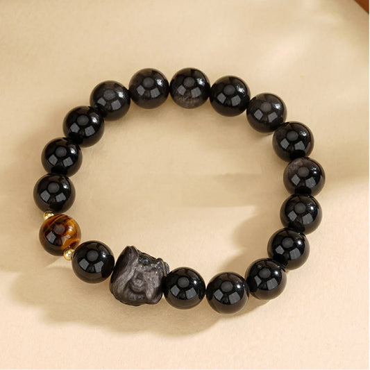 Bracelet Chinois Réveil du Lion de la Danse Orientale Trésor Prospérité des Affaires Œil de Tigre Obsidienne Noire Naturelle Bracelet en Argent Sterling 925 Réglable pour Homme/Papa/Garçon