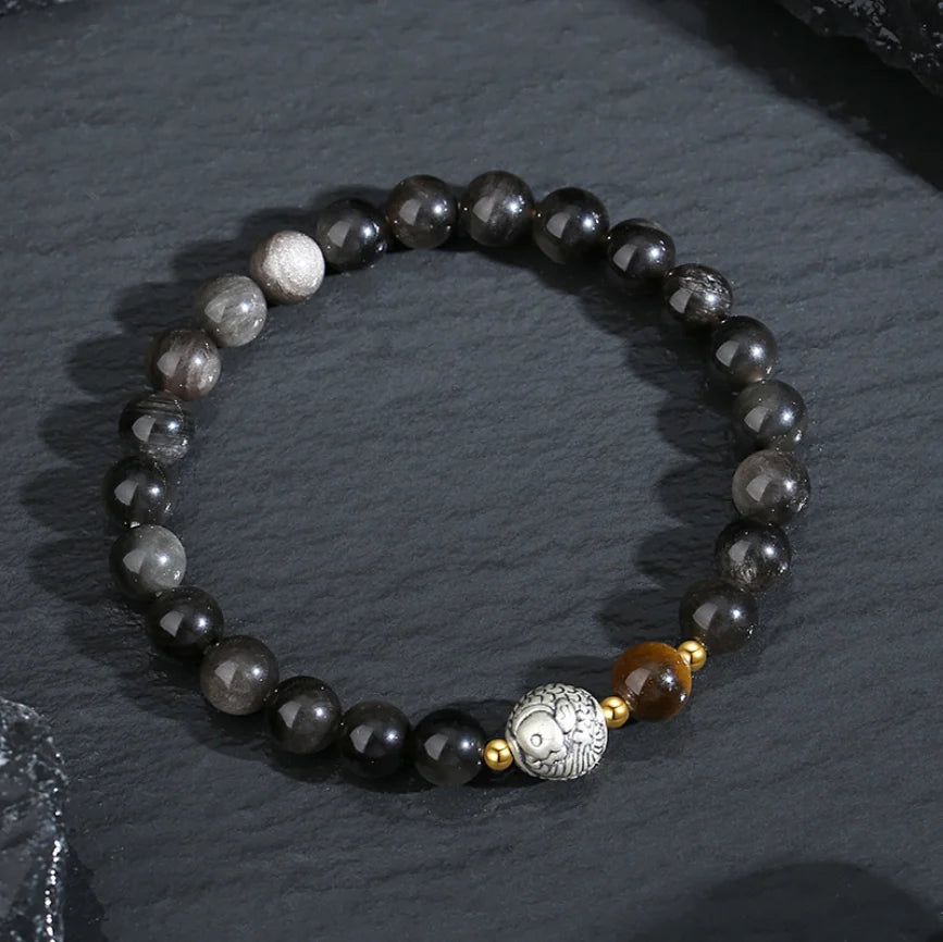 Oriental Treasure Chinese KOI FISH Bracelet Quality Black Obsidian Bracelet Good Luck Tiger's Eye 999 Sterling Silver Adjustable Bracelet for Men/Dad/Boy
