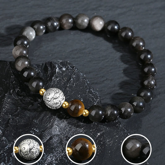 Bijou Trésor Oriental Bracelet de Poisson KOI Chinois Qualité Bracelet d'Obsidienne Noire Bonne Chance Œil de Tigre Argent Massif 999 Bracelet Réglable pour Homme/Papa/Garçon