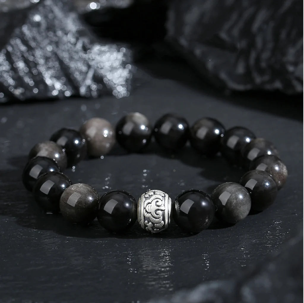 Oriental Treasure Chinese Auspicious Clouds Bracelet Natural Black Obsidian Bracelet 999 Sterling Silver Adjustable