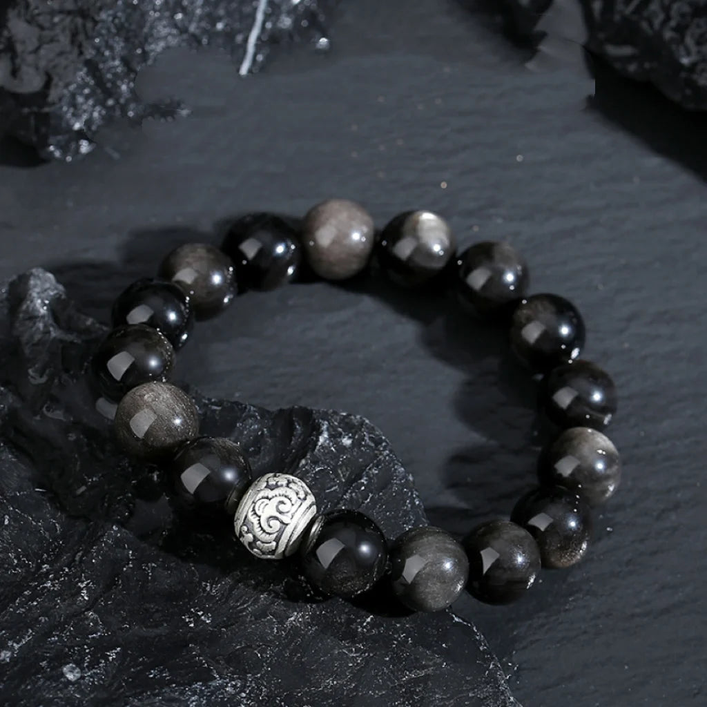 Oriental Treasure Chinese Auspicious Clouds Bracelet Natural Black Obsidian Bracelet 999 Sterling Silver Adjustable