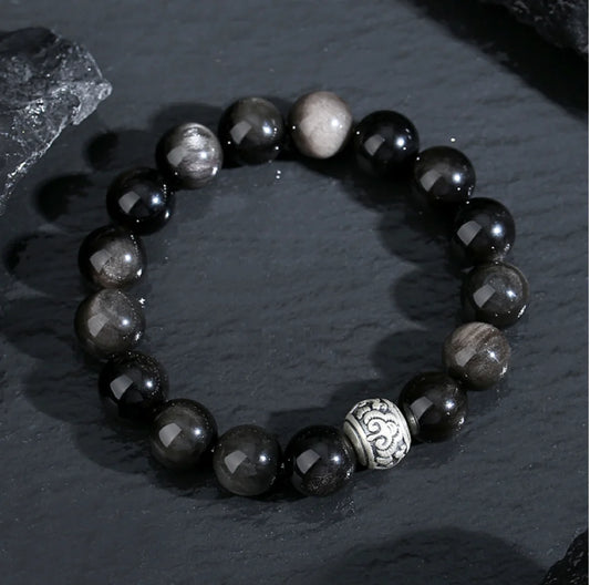 Bracelet Chinois Trésor Oriental Nuages Auspicieux Bracelet d'Obsidienne Noire Naturelle en Argent Sterling 999 Réglable