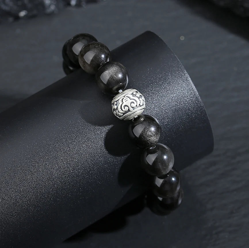 Oriental Treasure Chinese Auspicious Clouds Bracelet Natural Black Obsidian Bracelet 999 Sterling Silver Adjustable