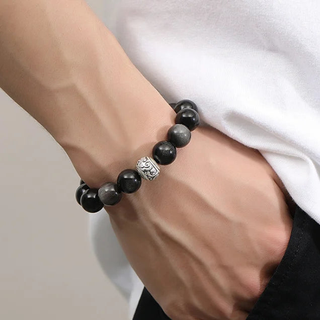Oriental Treasure Chinese Auspicious Clouds Bracelet Natural Black Obsidian Bracelet 999 Sterling Silver Adjustable