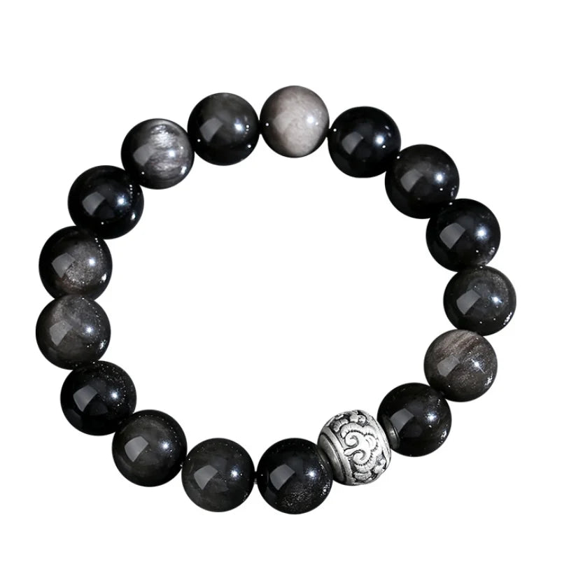 Oriental Treasure Chinese Auspicious Clouds Bracelet Natural Black Obsidian Bracelet 999 Sterling Silver Adjustable