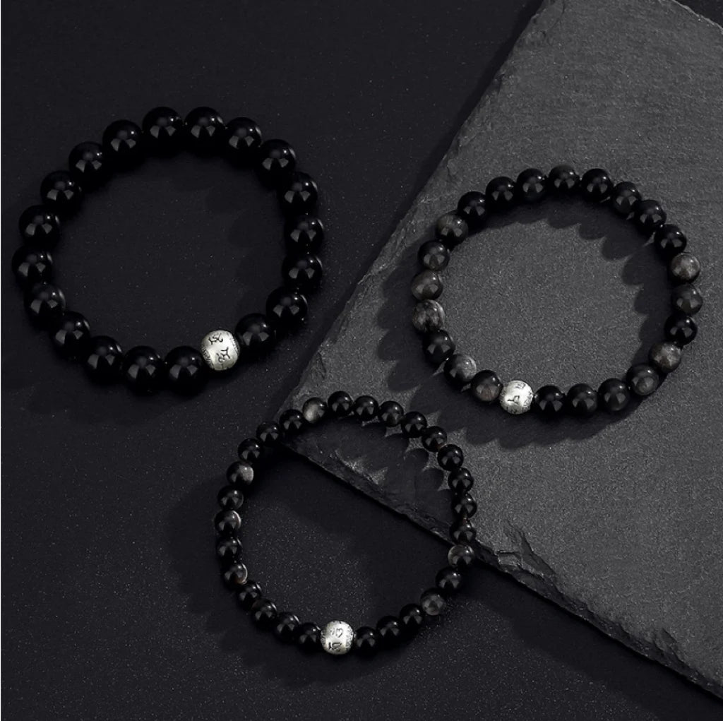 Oriental Treasure Six-Syllable Mantra Bracelet Purification Natural Black Obsidian Bracelet 999 Sterling Silver Adjustable Bracelet for Men/Dad/Boys