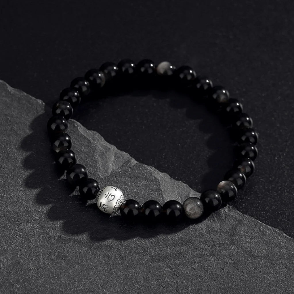 Oriental Treasure Six-Syllable Mantra Bracelet Purification Natural Black Obsidian Bracelet 999 Sterling Silver Adjustable Bracelet for Men/Dad/Boys